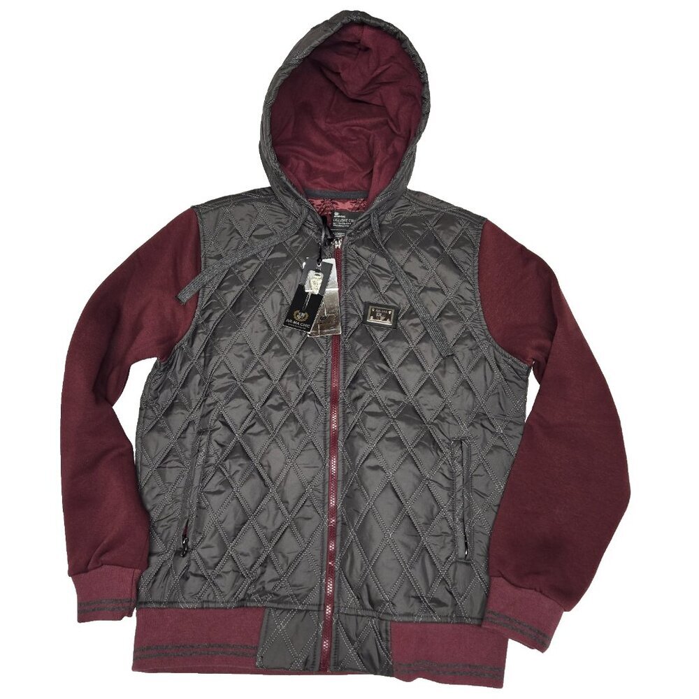 AR-MA Chic Men’s Quilted Hooded Jacket M Grey Burgundy Shacket Coat Cabincore